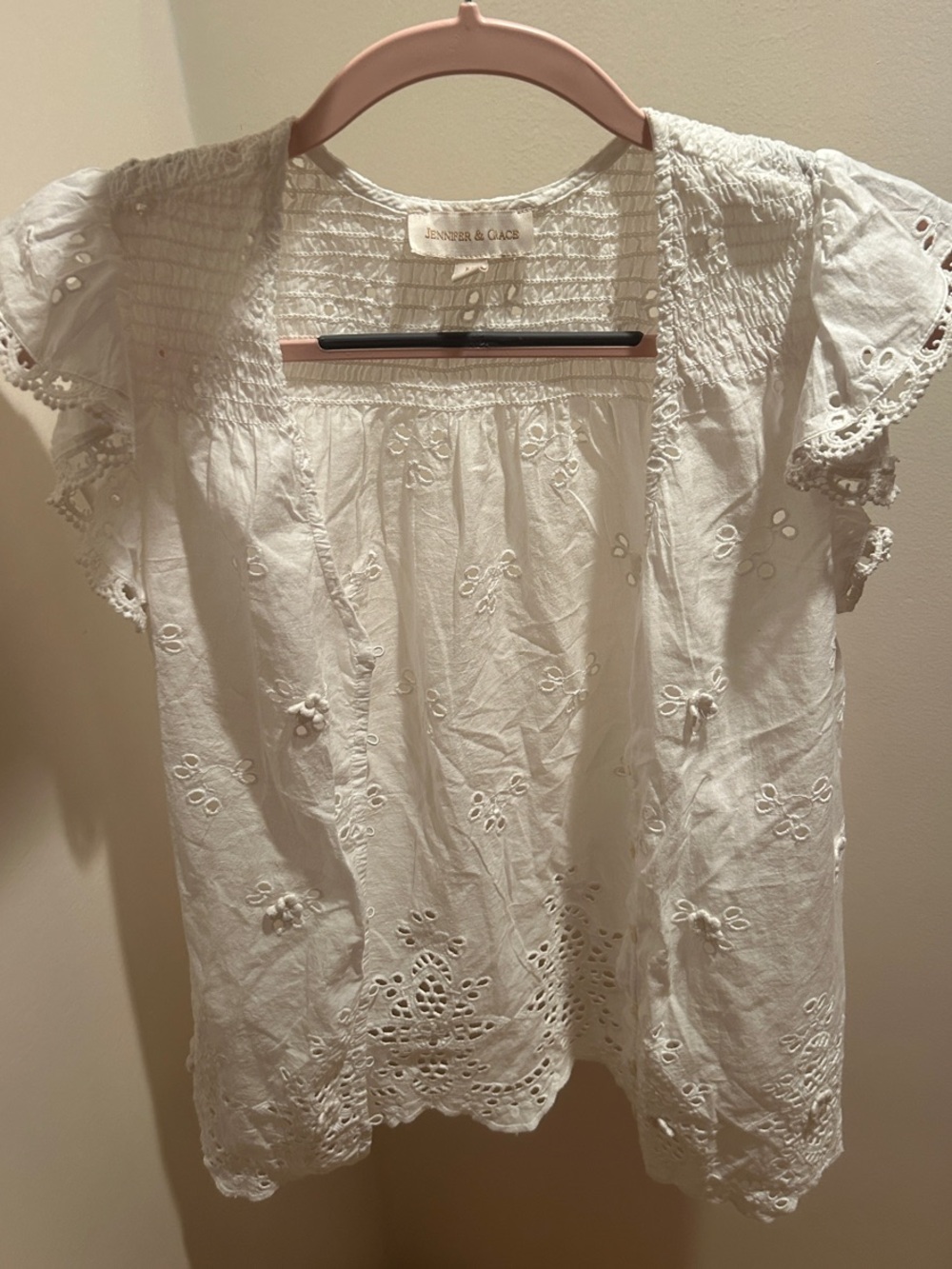 Jennifer & Grace White Embroidered Eyelet Flutter Sleeve Blouse